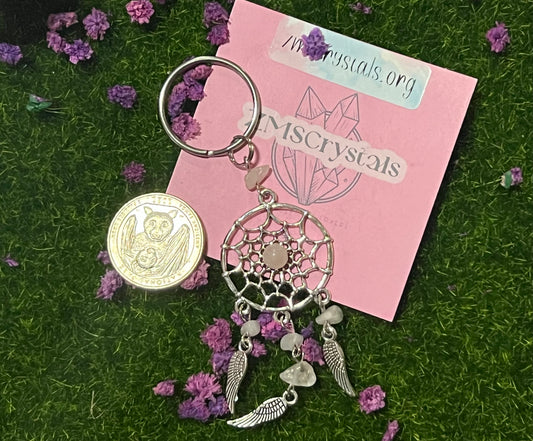 Rose quartz dream catcher keychain